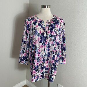 NYDJ Womens XL Floral Pleated Blouse Purple Pink Long Sleeve Shirt Top